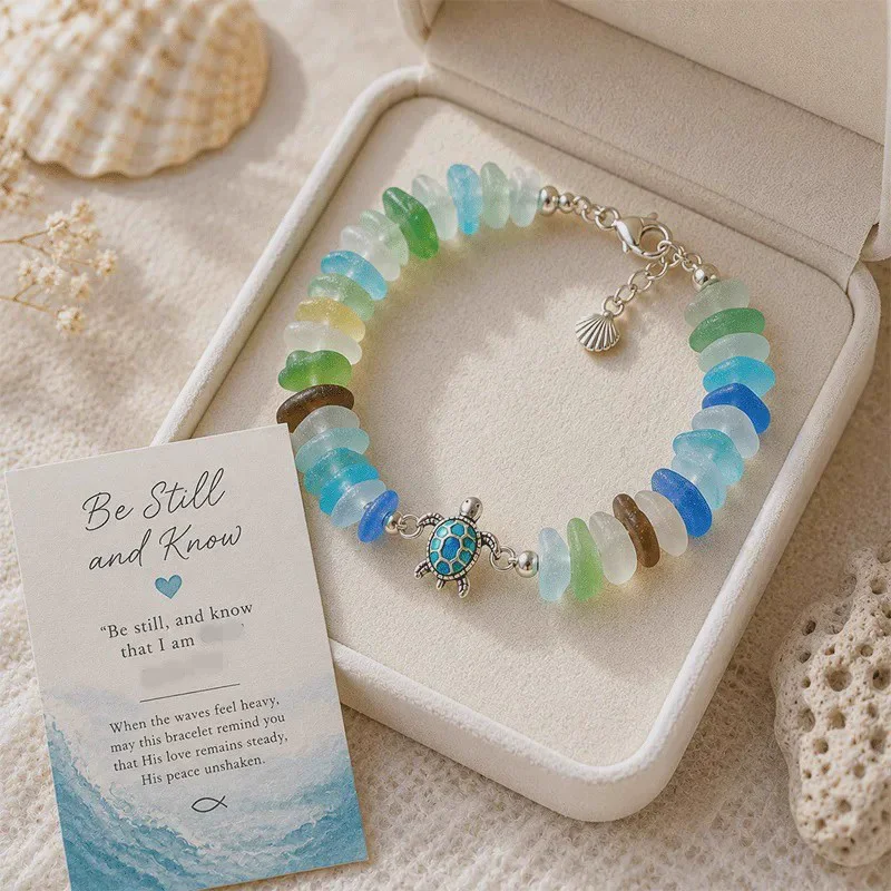 Sea Glass Animal Charm Bracelet — Turtle with Card